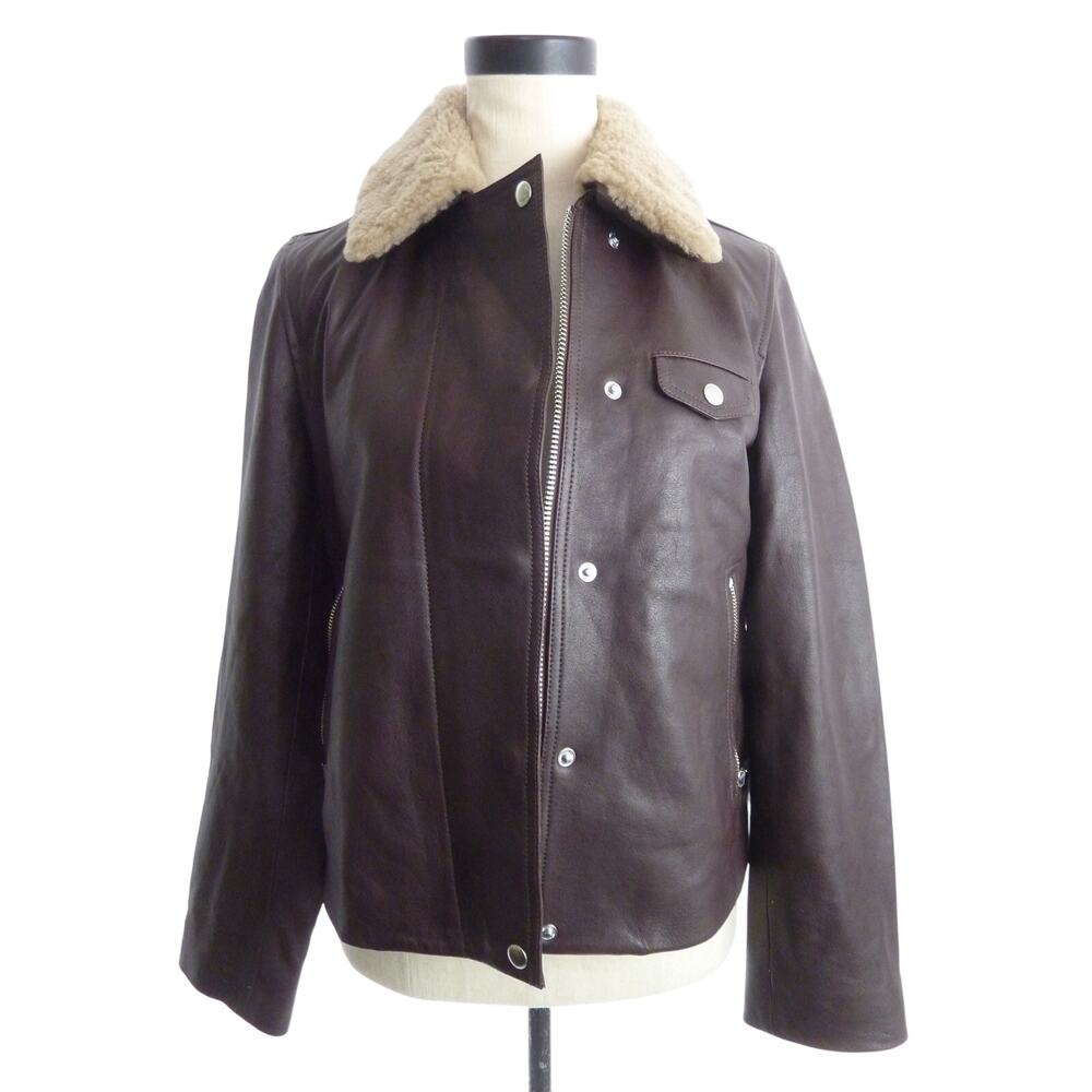 Madewell Womens Brown Leather Sherpa Collar Asymmetric Moto Jacket Size S